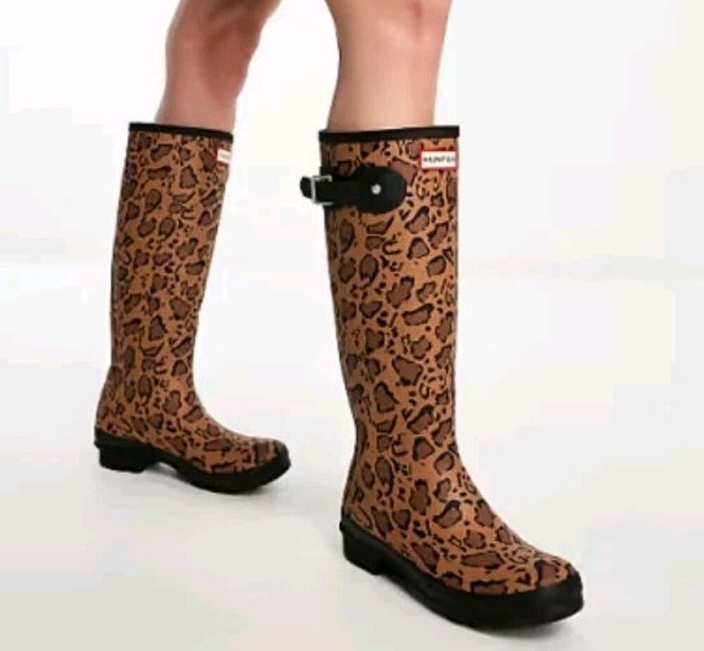 Hunter Original Tall Rain Boots Womens 5 US Leopard Print Brown Buckle JFT6102RM